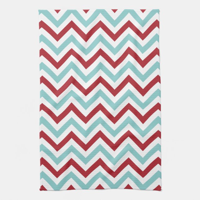 Serviette de cuisine de Chevron | {Aqua et rouge} (Vertical)