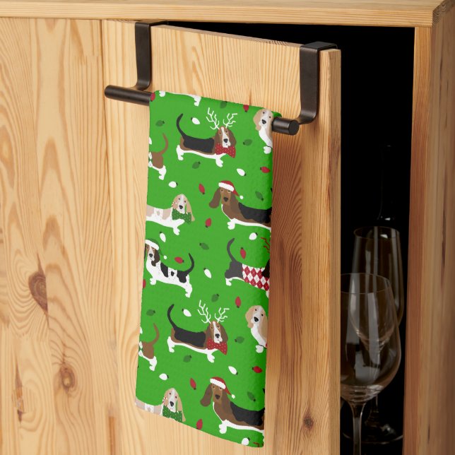Serviette de cuisine de Noël Basset Hound (Pliage en tiers)