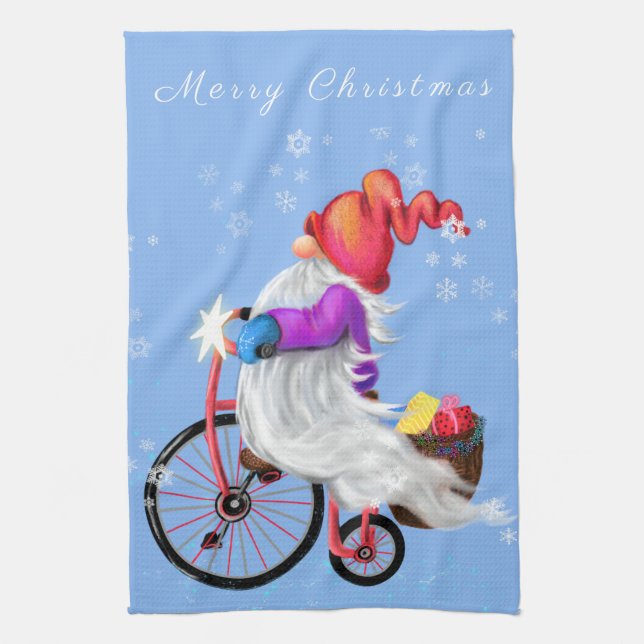 Serviette de cuisine de Noël Gnome avec vélo et ca (Vertical)