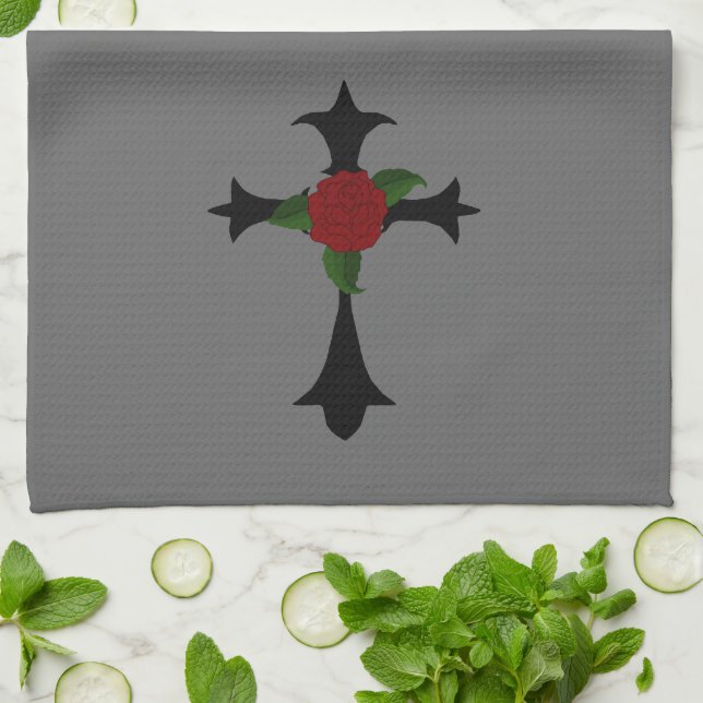 Serviette de cuisine en croix tribale noire (Plié)