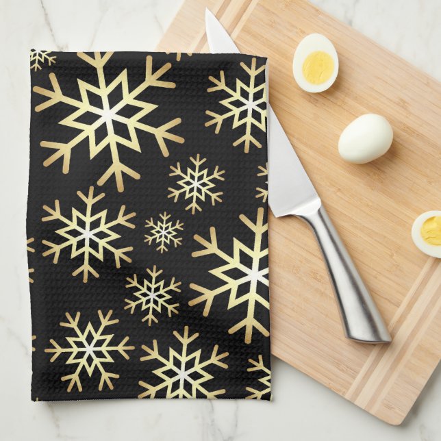 Serviette de cuisine en flocon de Noël en or noir (Quart Plié)