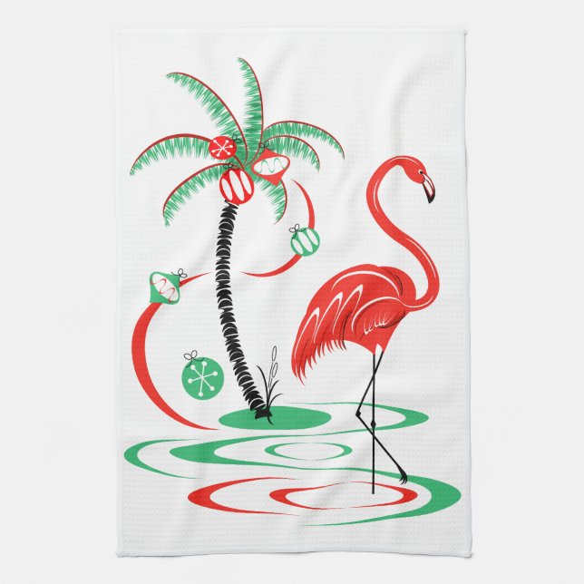 Serviette de cuisine Flamant rose de Noël rouge (Vertical)