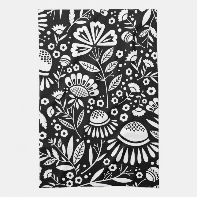 Serviette de cuisine florale géométrique noire et (Vertical)