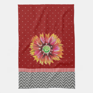 Serviette de cuisine gris foncé à fleurs orange