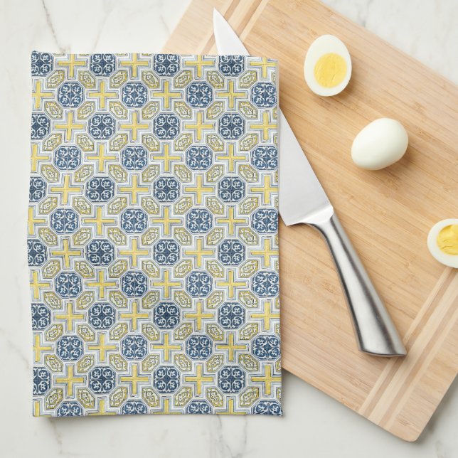 Serviette de cuisine Motif géométrique jaune bleu  (Quart Plié)