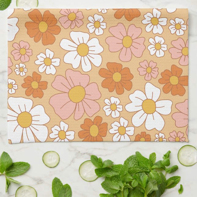 Serviette de cuisine orange et blanche Floral (Plié)