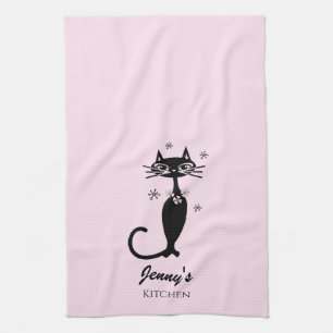 Serviette de cuisine personnalisée Chat Noir Rétro