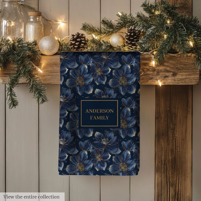 Serviette de cuisine personnalisée Navy Gold Flora (Navy Gold Floral Dish Towel Chic Personalized Gift)