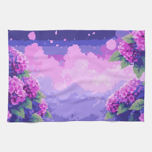 Serviette de cuisine Pixel Art avec Hydrangea (Horizontal)