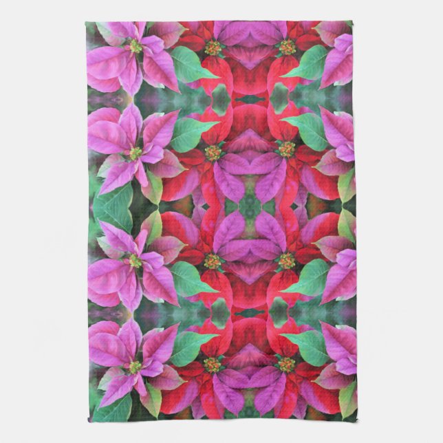 Serviette de cuisine - Poinsettias rouges et roses (Vertical)