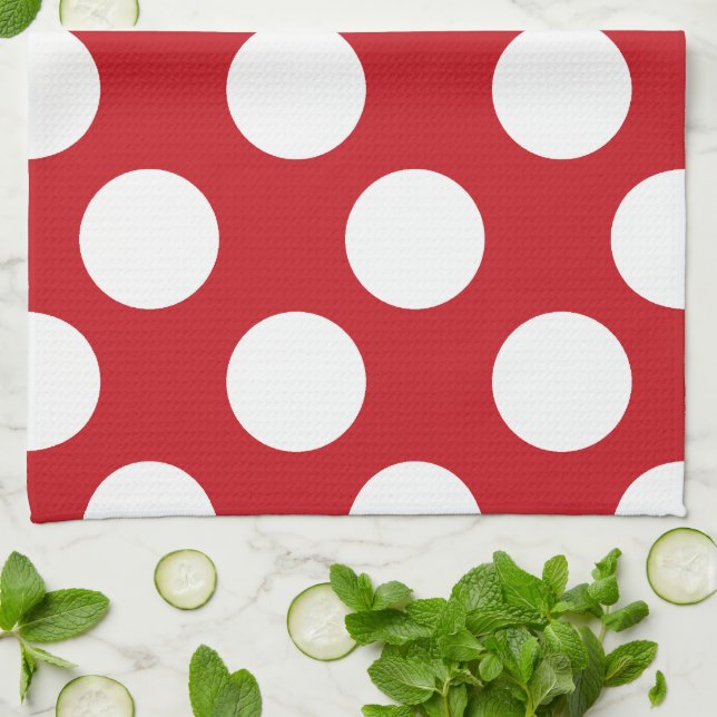 Serviette de cuisine Polka large rouge et blanc (Plié)