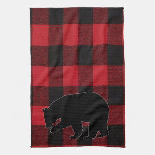 Serviette de cuisine Rouge Buffle Plaid Ours Noir