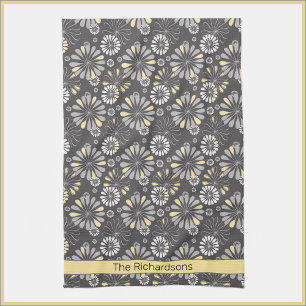 Serviette de cuisine tendance gris et jaune floral
