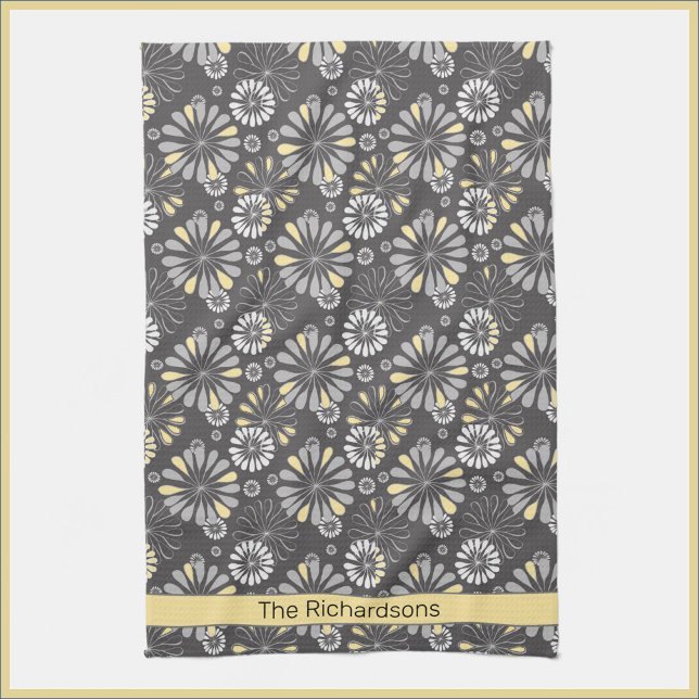 Serviette de cuisine tendance gris et jaune floral (Créateur téléchargé)