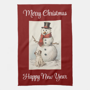 Serviette De Cuisine vintage Snowman Et Chien