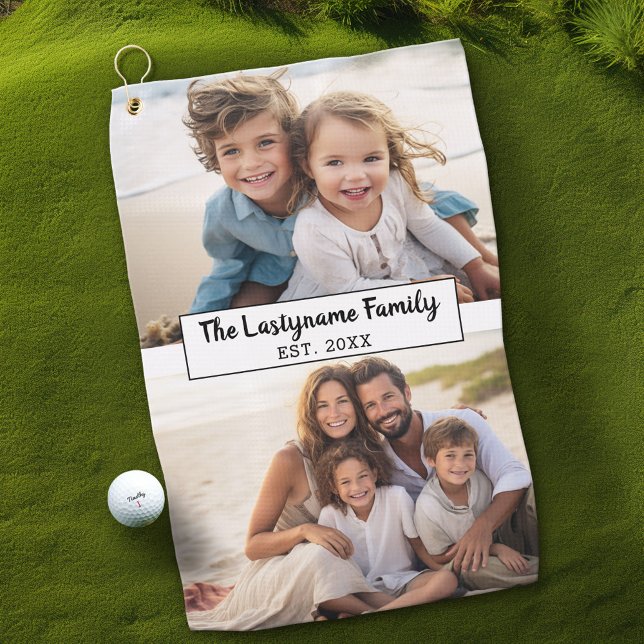 Serviette De Golf 2 Photo Collage Nom de famille - Photos horizontal (Custom Golf Towel)