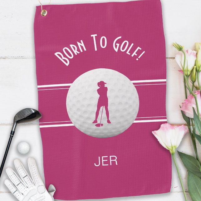 Serviette De Golf Amusants Élégants Golfeurs Sports Silhouette Rose  (Born to Golf Custom Golfer Silhouette Pink & White Custom Monogrammed Intials Golf Towel for Her)