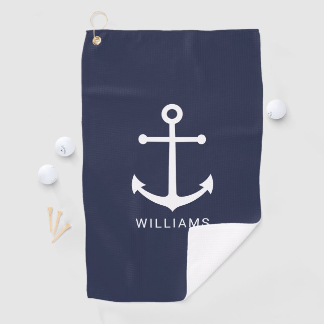 Serviette De Golf Ancre bleue marine avec nom personnalisé (En situation)