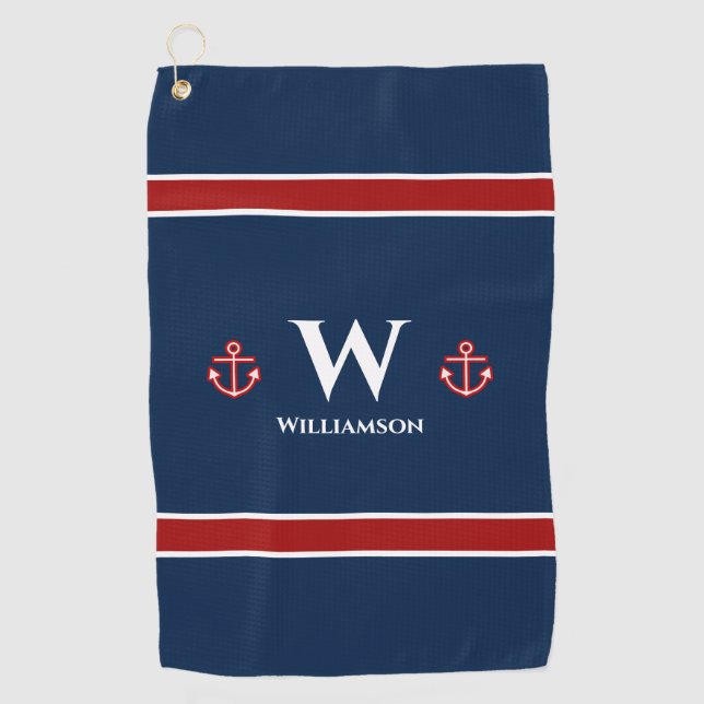 Serviette De Golf Ancre Monogramme Bleu Bleu Bleu Rouge Nautique (Devant)