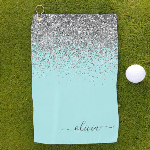 Serviette De Golf Aqua bleu Turquoise Parties scintillant argent Mon