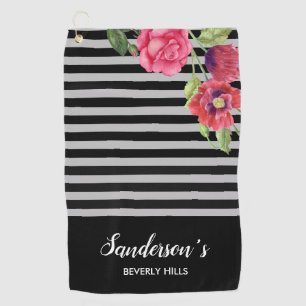 Serviette De Golf Aquarelle Fleurs rouges et roses Gris noir