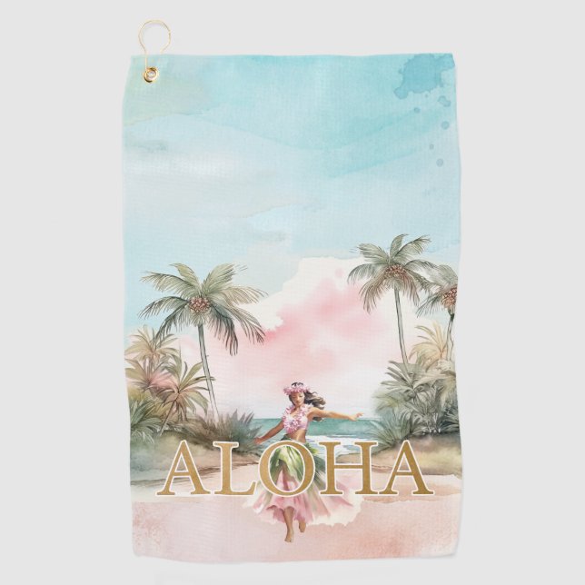 Serviette De Golf Aquarelle Hula Girl Aloha Hawaii Golf Towne (Devant)