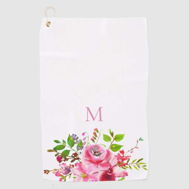 Serviette De Golf Aquarelle moderne rose été Monogramme floral (Devant)
