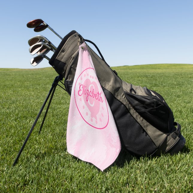 Serviette De Golf Aquarelle rose personnalisée Nom du coeur Monogram (Vert)