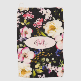 Serviette De Golf Aquarelle rose Roses jaunes sur noir, Monogramme