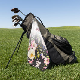 Serviette De Golf Aquarelle rose Roses jaunes sur noir, Monogramme