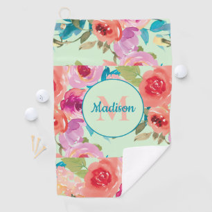 Serviette De Golf Aquarelle rose violet Floral Turquoise Feuille Min