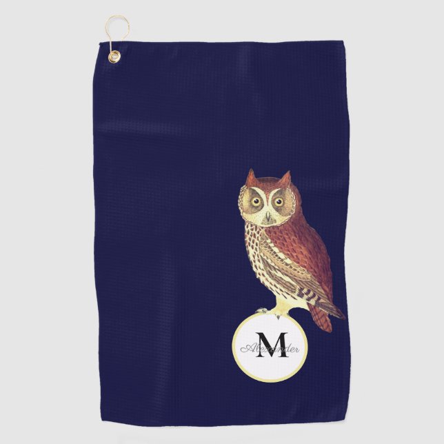 Serviette De Golf Aquarelle rustique Chouette Nom Monogramme Marine  (Devant)
