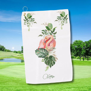 Serviette De Golf Aquarelle tropicale et nom du Flamant rose rose ex