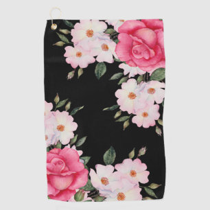 Serviette De Golf Aquarelle Vibrant rose Roses blanches Moderne Noir