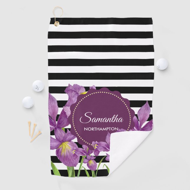 Serviette De Golf Aquarelle violet Iris noir blanc Motif (En situation)