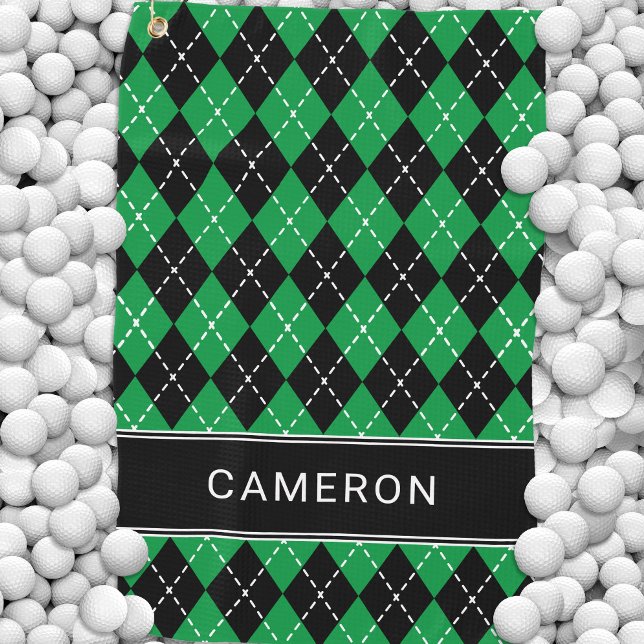 Serviette De Golf Argyle Plaid Create Custom Name  Black Green (Argyle Plaid Create Custom Name Black Green Golf Towel)