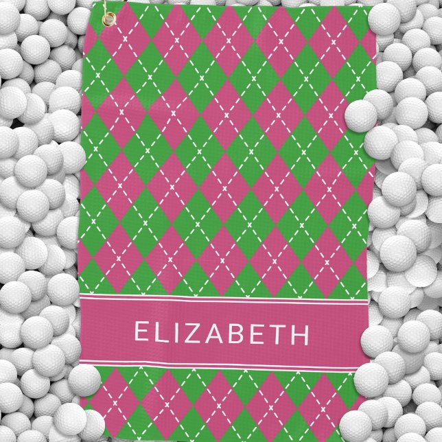 Serviette De Golf Argyle Plaid Pink Green Custom Name Preppy (Argyle Plaid Pink Green Custom Name Preppy Golf Towel)