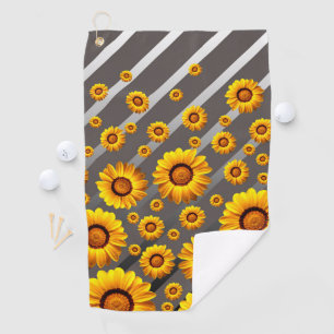Serviette De Golf Belles fleurs jaunes sur gris, rayures argentées