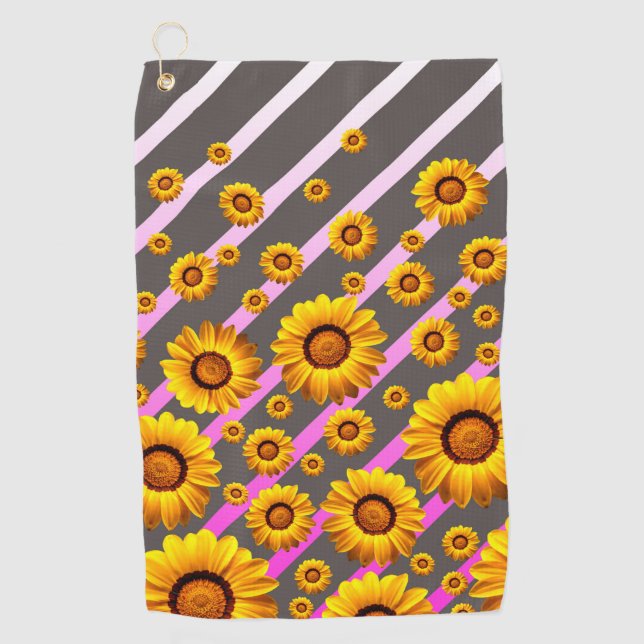Serviette De Golf Belles fleurs jaunes sur gris, rayures roses (Devant)