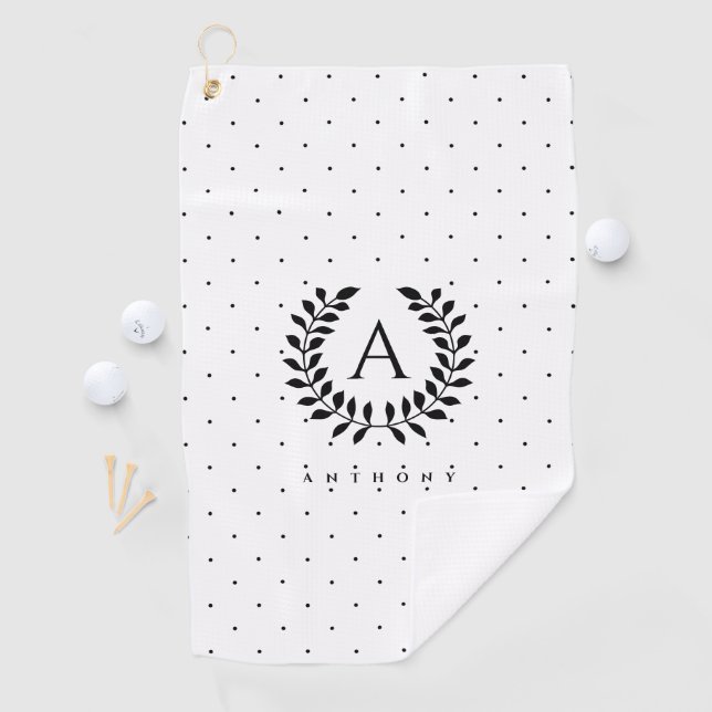 Serviette De Golf Black And White Laurel Monogram Polka Dot Pattern (En situation)
