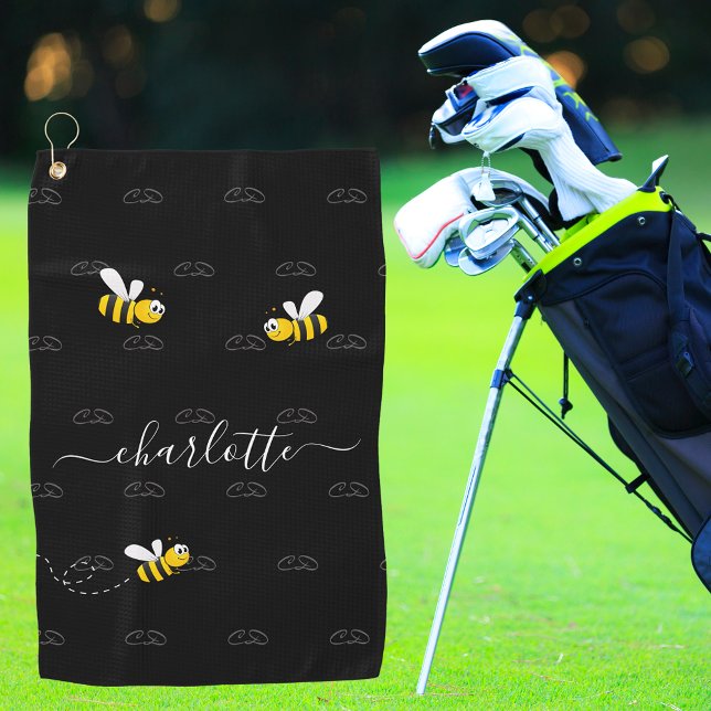 Serviette De Golf Black happy bumble abeilles été fun humour monogra (Créateur téléchargé)