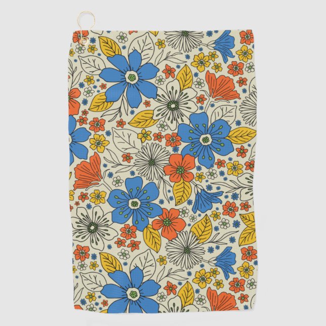 Serviette De Golf Bleu rétro, Jaune & Orange Floral (Devant)