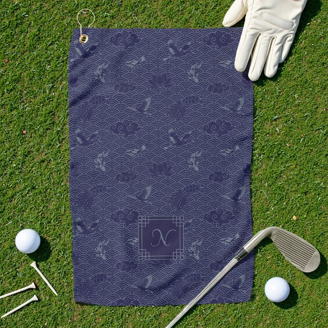 Serviette De Golf Bleu traditionnel japonais Vague Seigaiha Monogram (Créateur téléchargé)