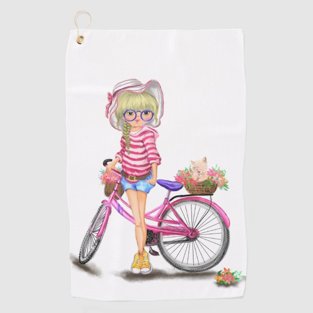 Serviette de golf Blonde Girl avec vélo rose (Devant)