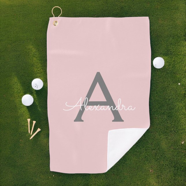 Serviette De Golf Blush Pink Grey Modern Script Girly Monogram (Créateur téléchargé)
