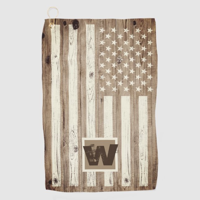 Serviette De Golf Bois rustique USA Drapeau Monogramme (Devant)