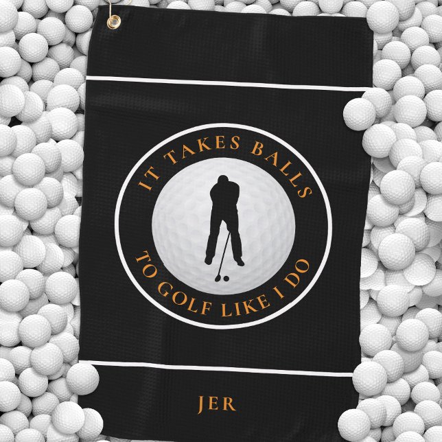 Serviette De Golf Boules Humour Golfeur Sports Monogramme Noir Orang (Créateur téléchargé)