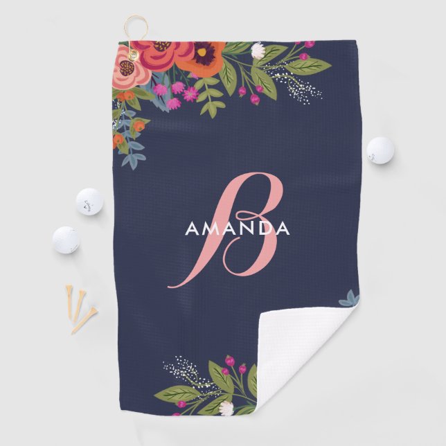 Serviette De Golf Bouquets floraux de Boho - bleu marine et (En situation)