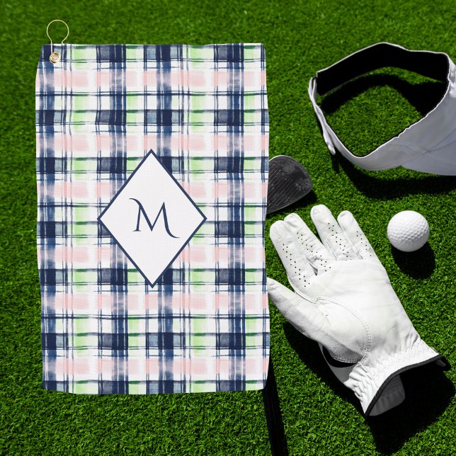 Serviette De Golf Brosse Navy Blue Preppy Plaid Monogramme (Créateur téléchargé)