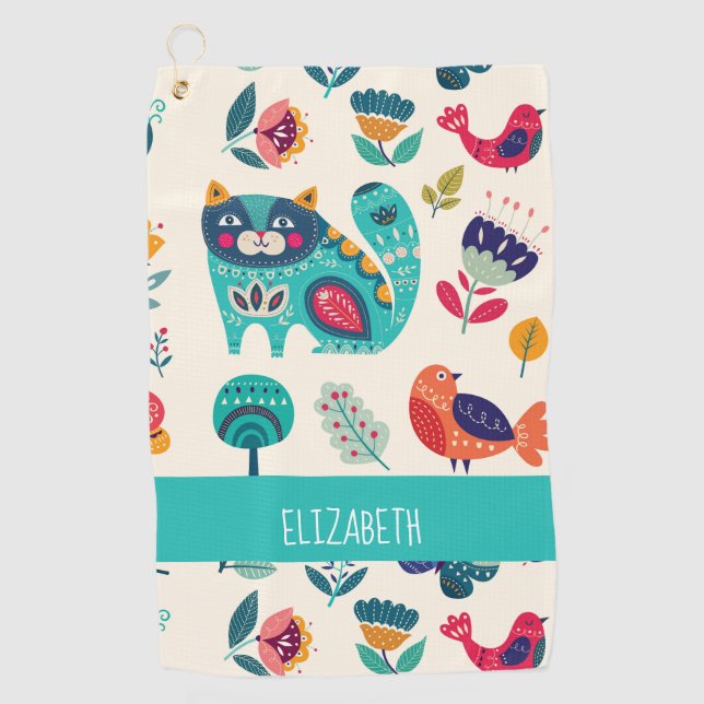 Serviette De Golf Budget Pretty Girly Cats Folk Art Style AJOUTER LE (Devant)